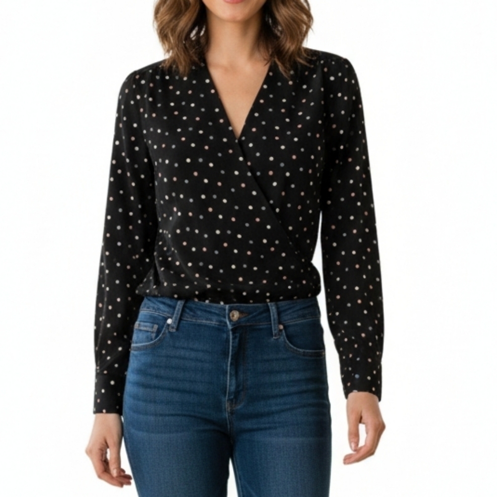 Pleione Black Polka Dots Surplice Long Sheer Top Chic Size Small